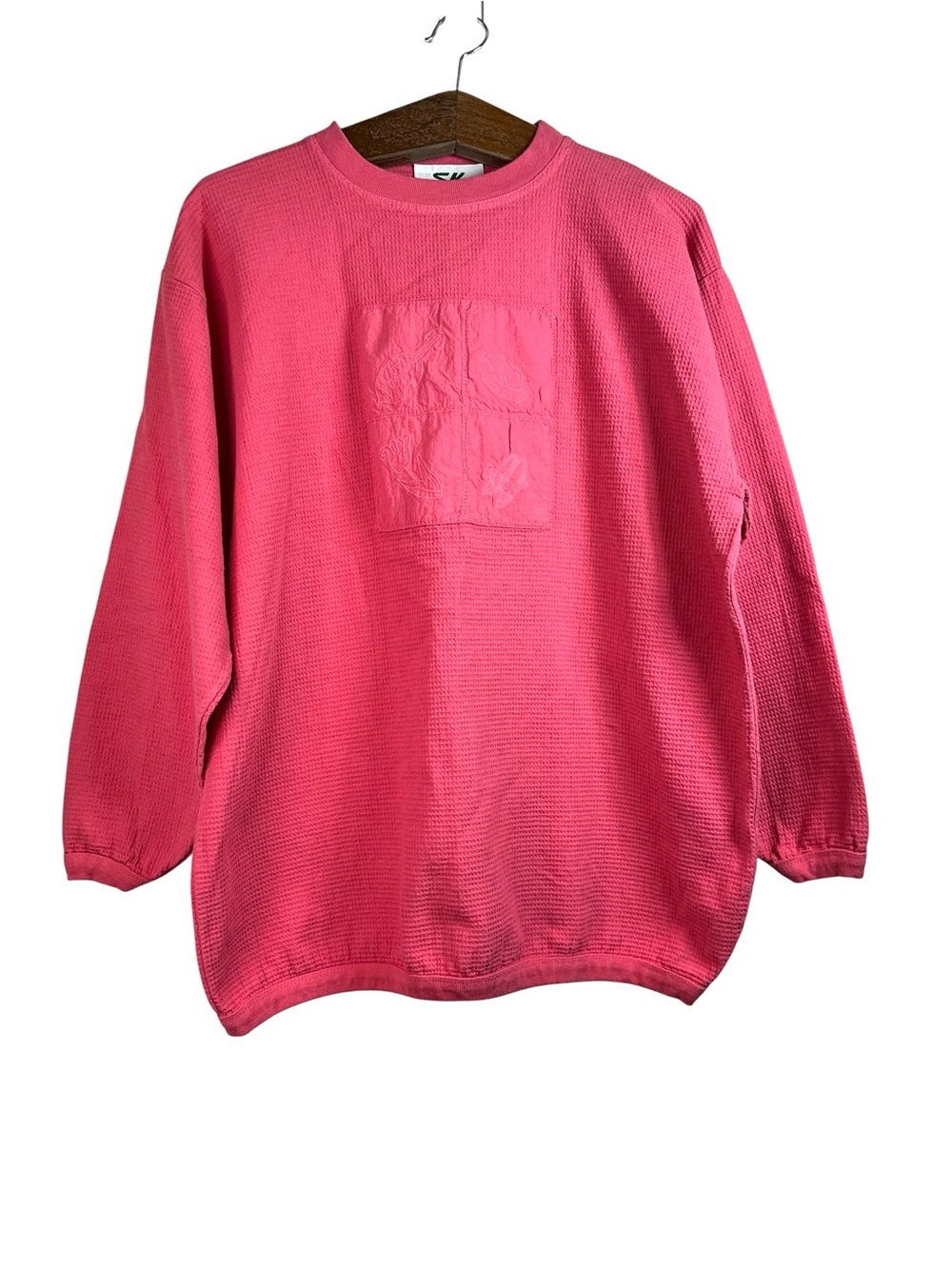 Vintage SK Sport Pink 80s Waffle Knit Textured Pullover Long Sleeve Size L USA